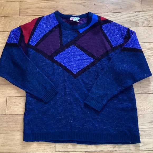 Vintage 80s sweater blue, geometric, sparkly, size M - Picture 2 of 2